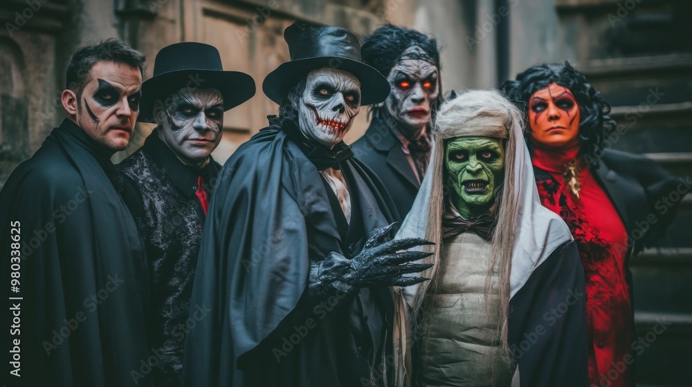 Six individuals display their creativity with detailed Halloween costumes, showcasing a range of characters from ghouls to witches. The eerie background adds to the atmospheric and festive vibe. Six individuals display their creativity with detailed Halloween costumes, showcasing a range of characters from ghouls to witches. The eerie background adds to the atmospheric and festive vibe.