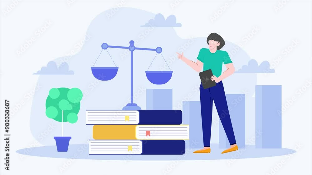 a person with a justice scale and book symbolizing legal concepts and balance in law business animated video a person with a justice scale and book symbolizing legal concepts and balance in law business animated video