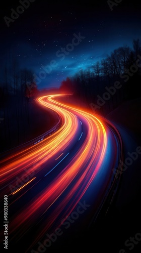 highway at night with streaking car lights long exposure effect urban energy sense of speed and motion glowing trails against dark background