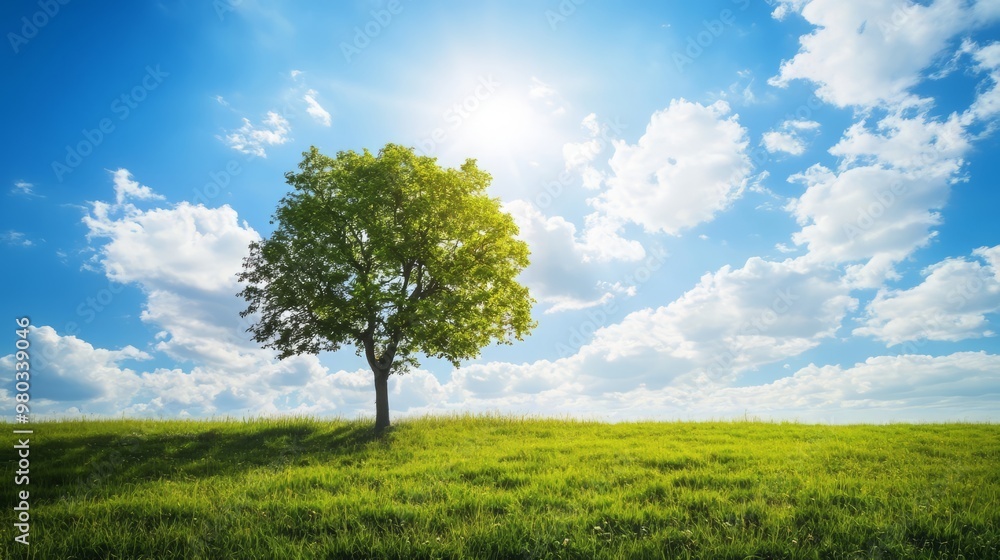 Lone Tree Standing Tall in a Lush Green Meadow Under a Bright Blue Sky with Fluffy Clouds Lone Tree Standing Tall in a Lush Green Meadow Under a Bright Blue Sky with Fluffy Clouds