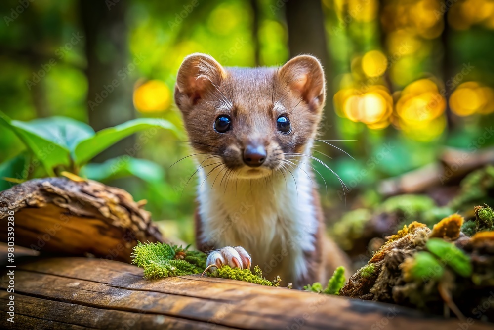 Adventurous wild weasel with inquisitive eyes and agile body exploring forest floor, surrounded by lush greenery, fallen leaves, and rustic wooden logs. Adventurous wild weasel with inquisitive eyes and agile body exploring forest floor, surrounded by lush greenery, fallen leaves, and rustic wooden logs.