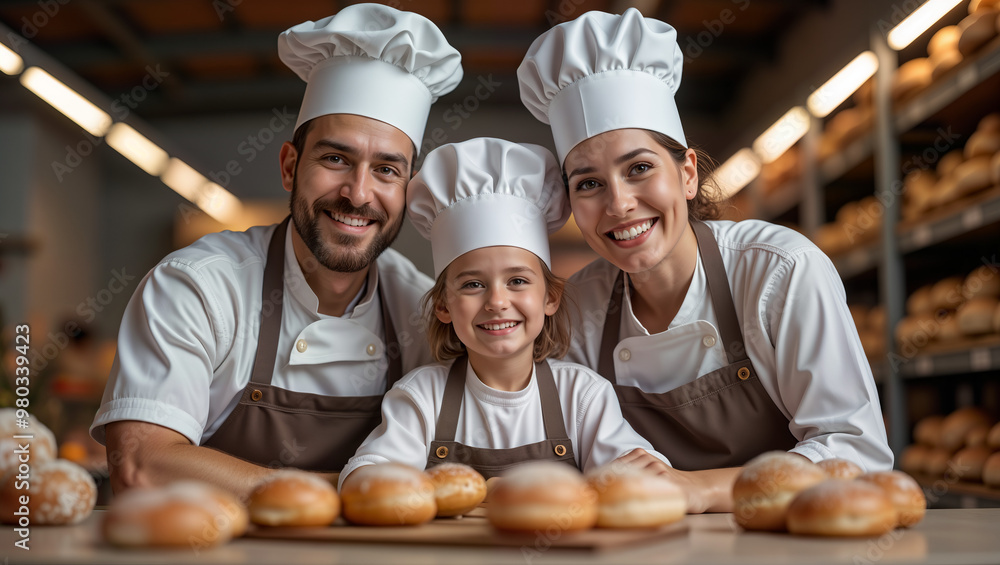 A joyful family of bakers, including a child, proudly displaying their freshly baked goods. This heartwarming image is perfect for culinary blogs, family-oriented projects, and bakery promotions A joyful family of bakers, including a child, proudly displaying their freshly baked goods. This heartwarming image is perfect for culinary blogs, family-oriented projects, and bakery promotions