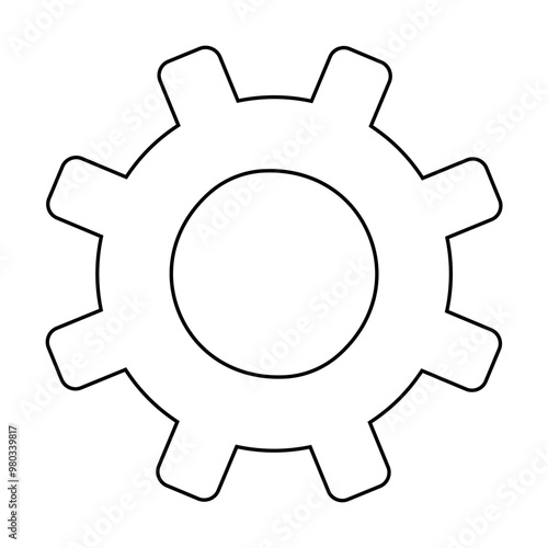 A black and white line drawing of a gear with eight teeth. Ideal for mechanical, engineering, technology, machinery, and industrial themes. Simple and minimalistic style.