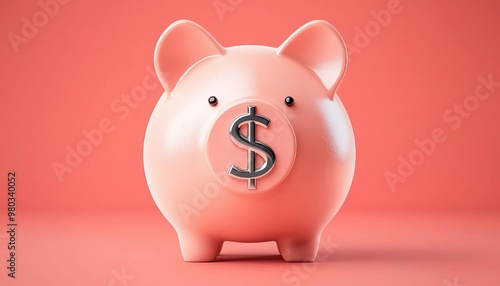 A cheerful piggy bank with a dollar sign, symbolizing saving money and financial planning against a vibrant coral backdrop.