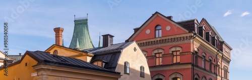 Roofs and facades on the island Riddarholmen, a sunny morning in Stockholm