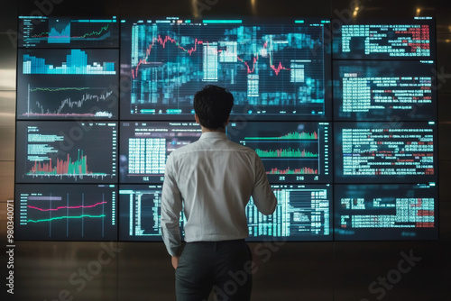A businessman standing in front of a large wall screen showing the performance of stock data