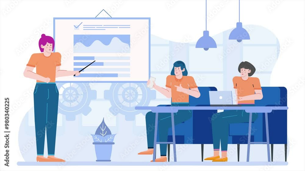 Illustration of a group of colleagues in a meeting discussing a business presentation with charts and data business animated video Illustration of a group of colleagues in a meeting discussing a business presentation with charts and data business animated video