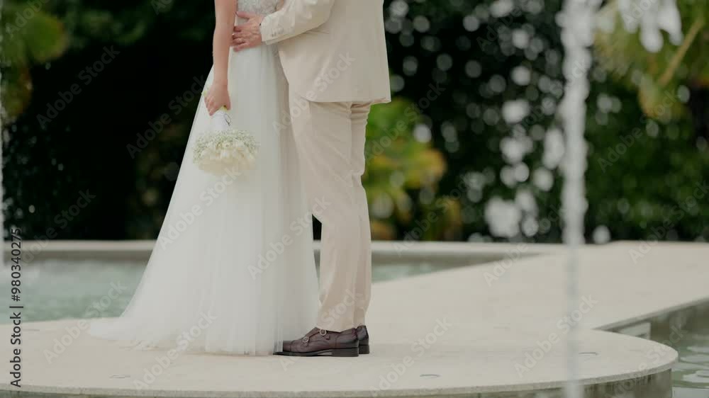 Couple stands by fountain, bride holding bouquet, serene moment.