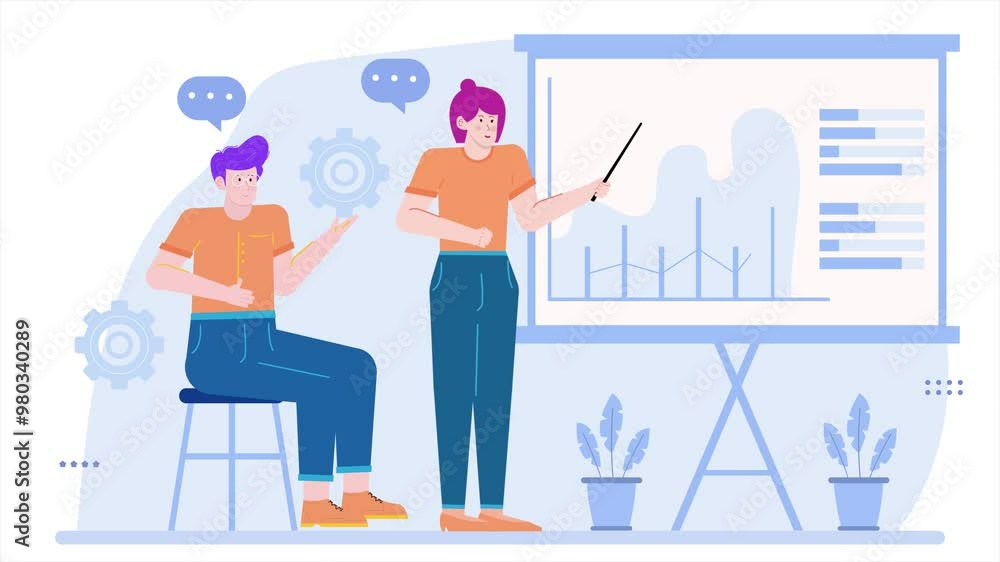 Team presentation with graphs and charts in office setting illustration business animated video Team presentation with graphs and charts in office setting illustration business animated video