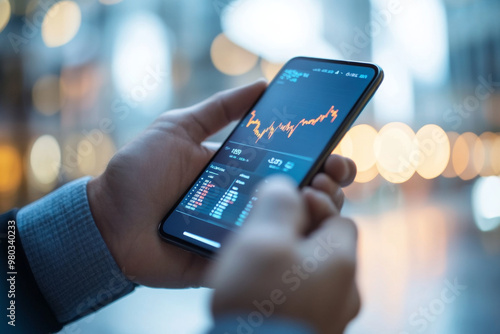 A close-up of a businessman’s hands holding a smartphone displaying real-time stock market