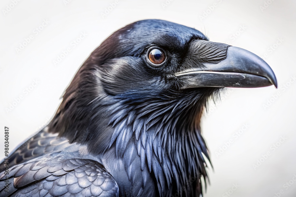 A majestic crow with glossy black feathers and sharp eyes perched on a clean white background, showcasing its sleek plumage and mysterious gaze. A majestic crow with glossy black feathers and sharp eyes perched on a clean white background, showcasing its sleek plumage and mysterious gaze.