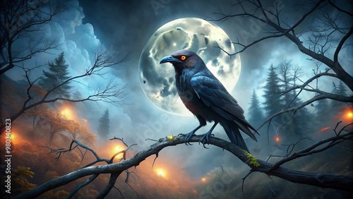 Eerie illustration of a crow perched on a branch in a dark, misty forest with glowing eyes, set against a spooky Halloween background with a full moon. photo