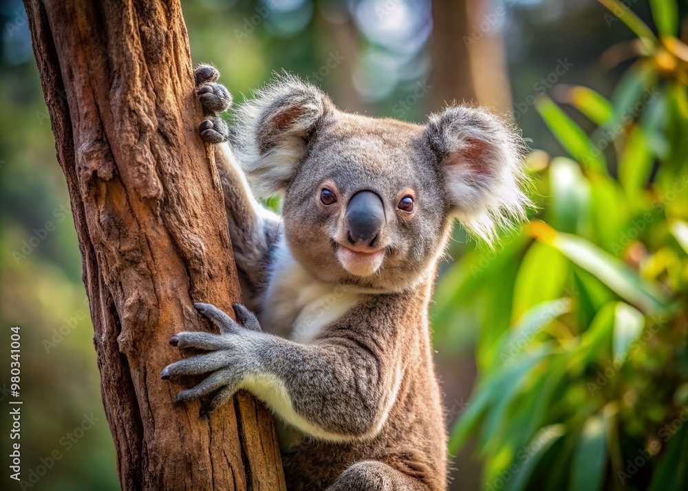 Fototapeta premium Adorable koala bear climbs up rustic tree trunk, grasping with one hand, flashing a charming smile, showcasing its agility and cuteness in natural habitat.