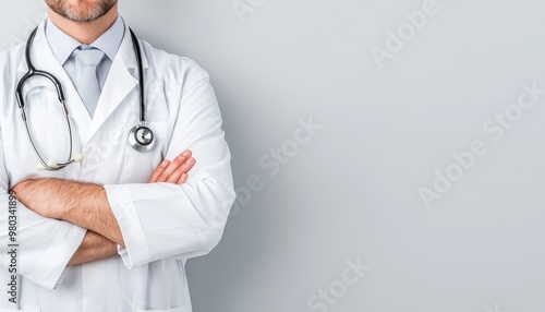 Doctor in a white coat with stethoscope, arms folded, symbolizing professionalism and patient trust in healthcare settings