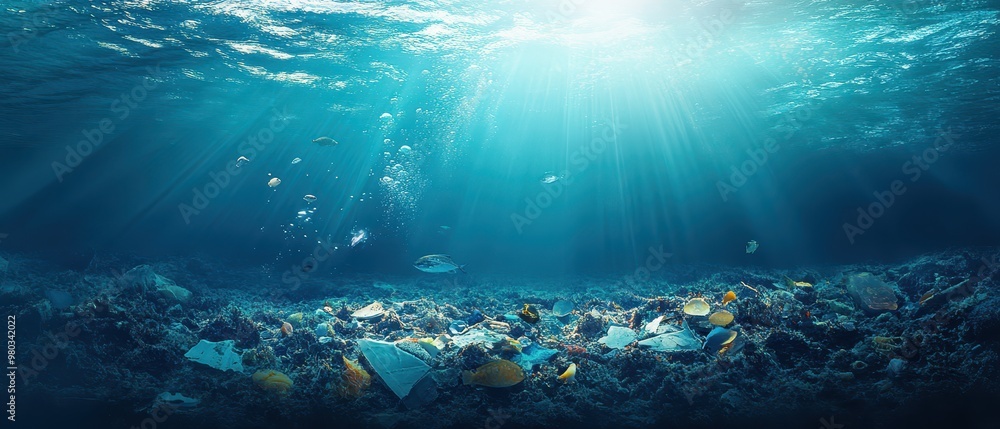Fototapeta premium Plastic waste floating in a deep ocean with marine life swimming around, symbolizing human impact on ecosystems