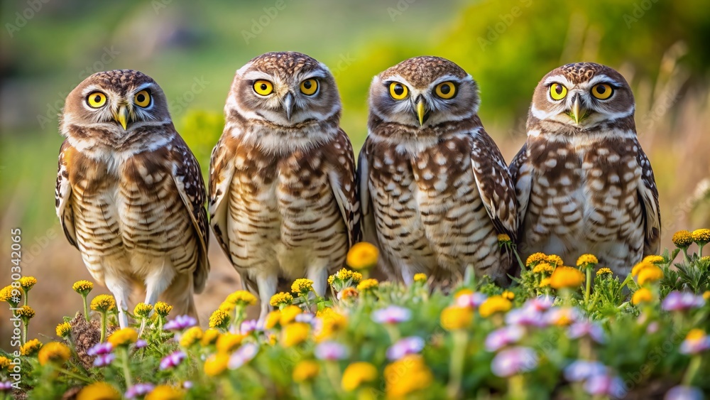 A group of Burrowing owls perched on a grassy knoll, surrounded by wildflowers and scrubby vegetation, gazing intently into the distance with wise, round eyes. A group of Burrowing owls perched on a grassy knoll, surrounded by wildflowers and scrubby vegetation, gazing intently into the distance with wise, round eyes.
