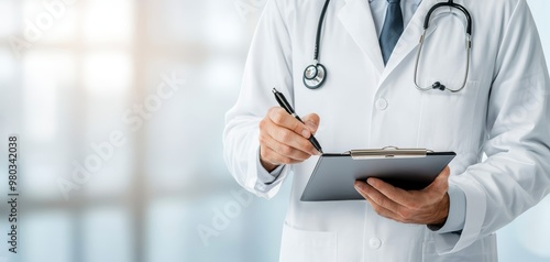 Doctor writing notes on a clipboard during a physical exam, health record, medical checkup documentation