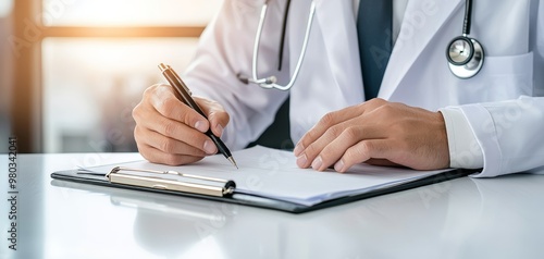 Doctor writing notes on a clipboard during a physical exam, health record, medical checkup documentation