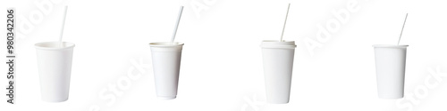 Row of empty disposable cups with straws, ideal for showcasing drinks or takeout food in a minimalist style. transparent background