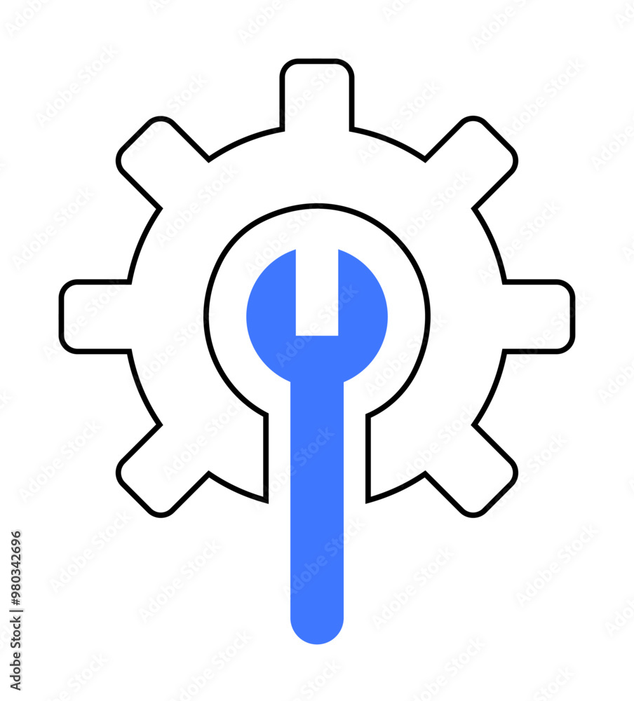 Gear and wrench symbol with simple lines. Iconic symbol for engineering, technical support, settings, repair, and maintenance. Ideal hardware support, software settings, customer service, mechanical Gear and wrench symbol with simple lines. Iconic symbol for engineering, technical support, settings, repair, and maintenance. Ideal hardware support, software settings, customer service, mechanical