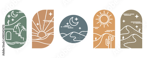 Desert boho logo with sun and mountains. Vector abstract bohemian illustration with moon cactus and minimal landscape. Arch and windows shapes set. Design elements for poster and decoration