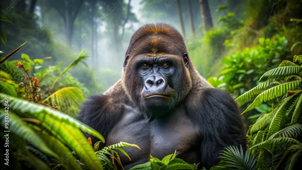 Obraz premium Majestic adult western lowland gorilla stands amidst lush green foliage, intense gaze, muscular build, and shaggy fur, in a serene, misty jungle atmosphere.