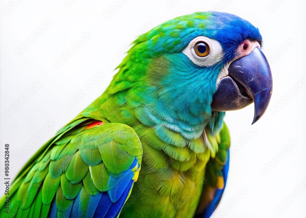 Obraz premium Vibrant blue and green feathered parrot perches on a clean white background, showcasing its distinctive plumage, curved beak, and expressive bright round eyes.