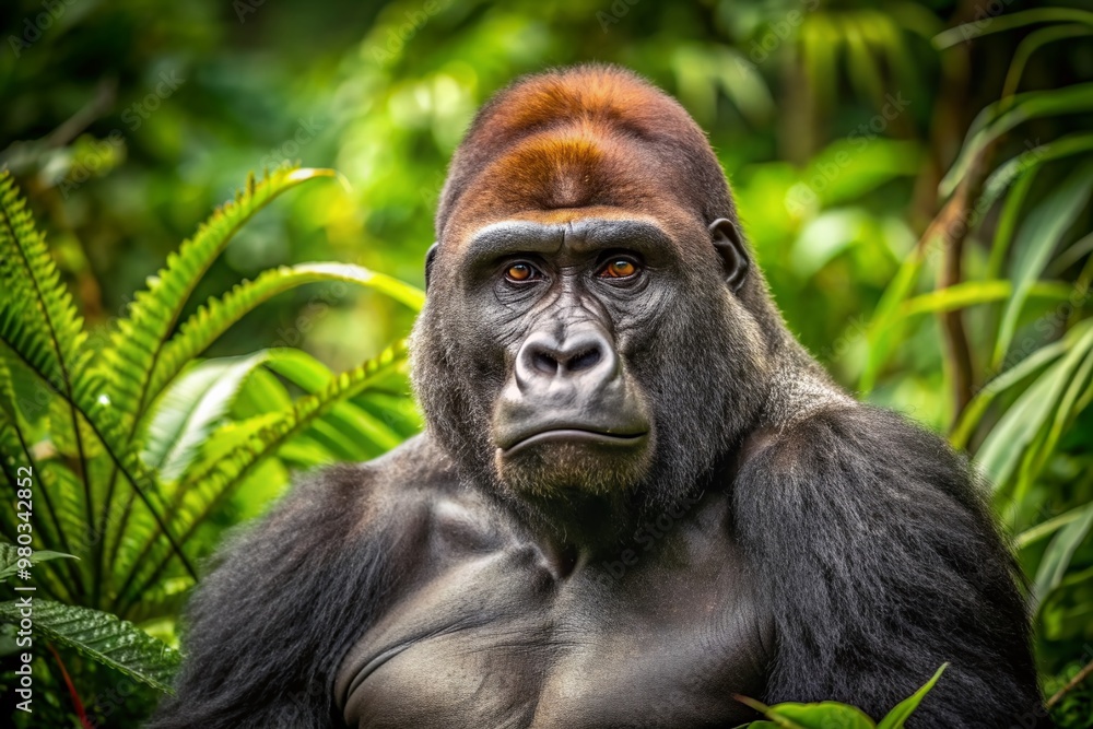 Obraz premium Majestic adult male western lowland gorilla with thick brown fur and broad chest sits calmly in a natural jungle environment with green foliage.