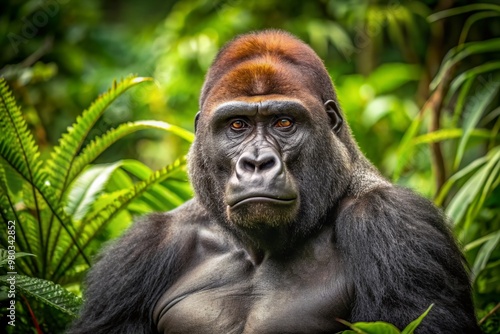 Majestic adult male western lowland gorilla with thick brown fur and broad chest sits calmly in a natural jungle environment with green foliage. photo