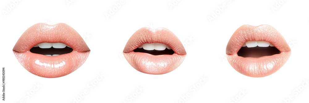 Obraz premium Three sets of lips demonstrating different expressions and positions, perfect for art, design, and communication projects. transparent background