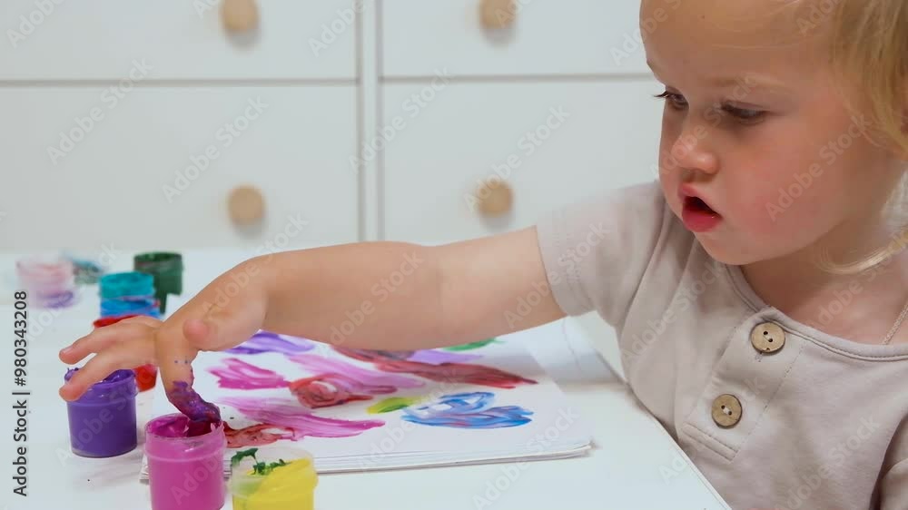 Little girl child paints with finger paints on paper at home. Little girl child paints with finger paints on paper at home.