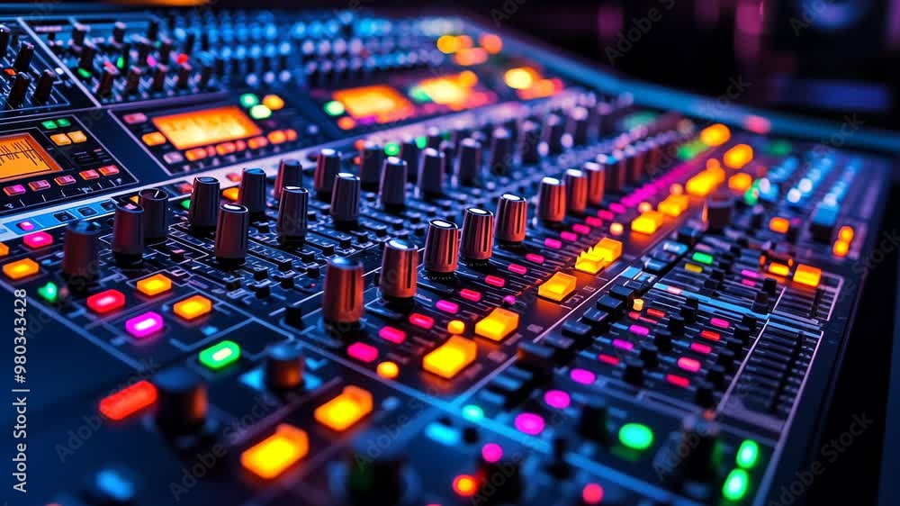 Exploring a vibrant audio mixing console during a live music event at a downtown venue Exploring a vibrant audio mixing console during a live music event at a downtown venue