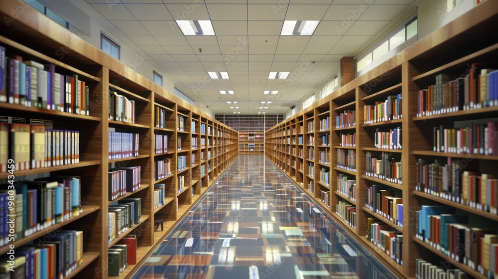 A clean and well-lit school library with rows of bookshelves filled with book A clean and well-lit school library with rows of bookshelves filled with book