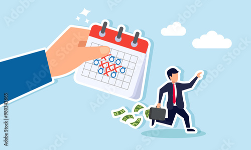 A businessman running with a briefcase full of money to avoid a hand holding a calendar, illustrating an employee avoiding additional events and choosing to be content with current achievements