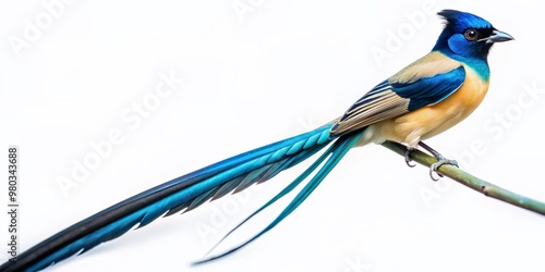 Vibrant blue-crested paradise whydah bird with sleek black plumage and long flowing tail feathers perches regally against a clean white studio background. photo