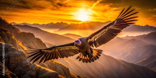 Majestic California condor in-flight, wings spread wide, soaring against a blurred sky with a warm golden light and subtle mountain range silhouette. photo