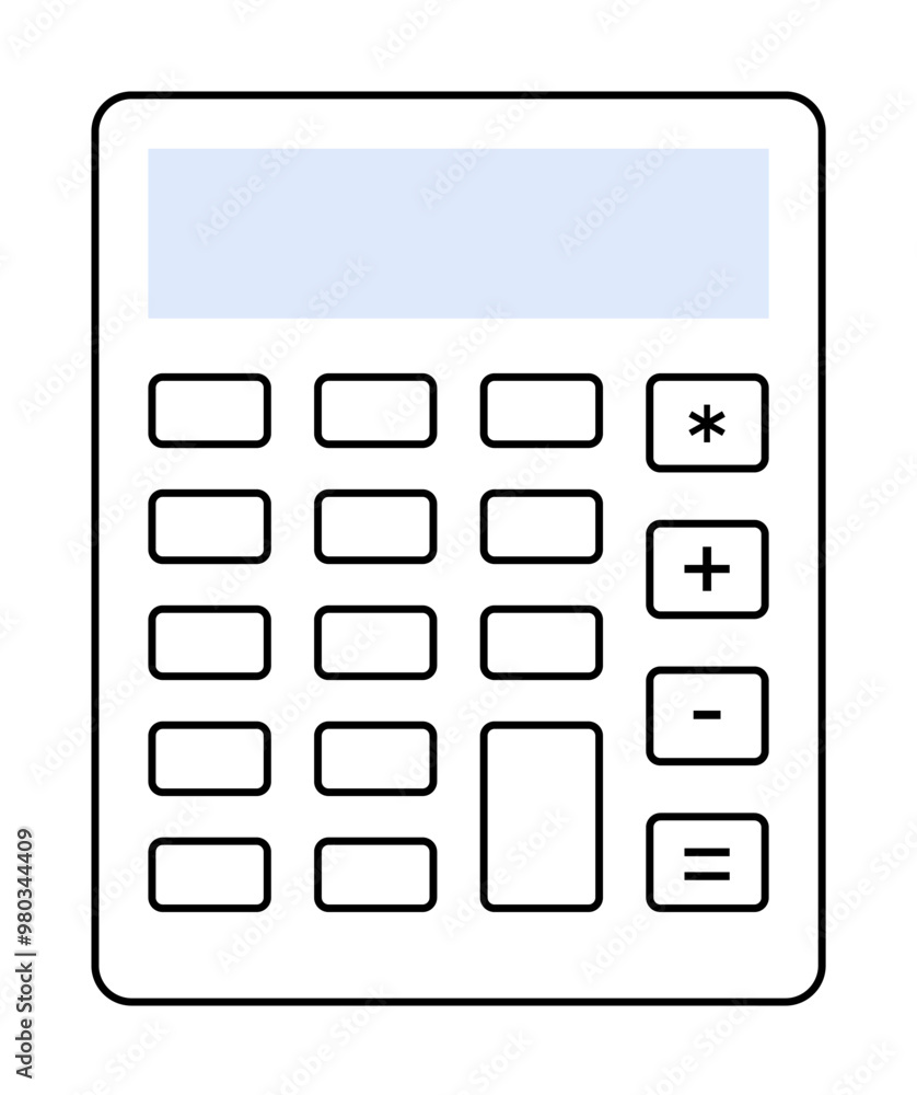 This image depicts a basic calculator featuring a display screen and buttons for numbers and arithmetic functions , -, , . Ideal for educational, office, finance, math, and personal use. This image depicts a basic calculator featuring a display screen and buttons for numbers and arithmetic functions , -, , . Ideal for educational, office, finance, math, and personal use.