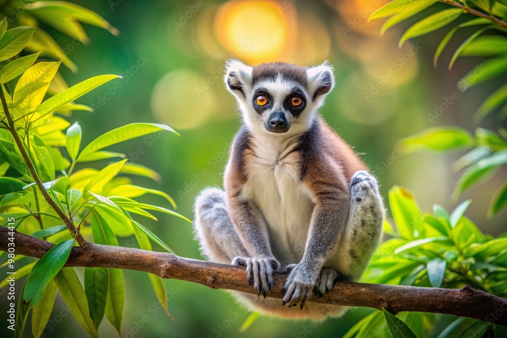 Adorable ring-tailed lemur sitting on a tree branch with vibrant green leaves against a soft, blurred creamy white natural outdoor background. Adorable ring-tailed lemur sitting on a tree branch with vibrant green leaves against a soft, blurred creamy white natural outdoor background.
