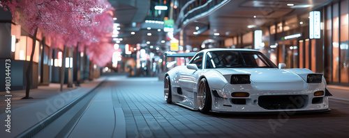 A fictional JDM-tuned white sports car parked on a narrow street next to shop, pink trees resembling sakura. vibrant scene. essence of street racing culture Japanese aesthetics. Generative Ai content  photo