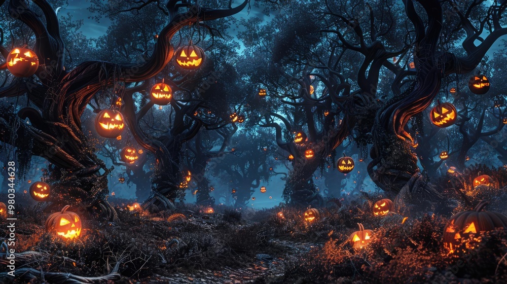 Spooky Halloween forest with glowing jack-o'-lanterns hanging from trees. Spooky Halloween forest with glowing jack-o'-lanterns hanging from trees.