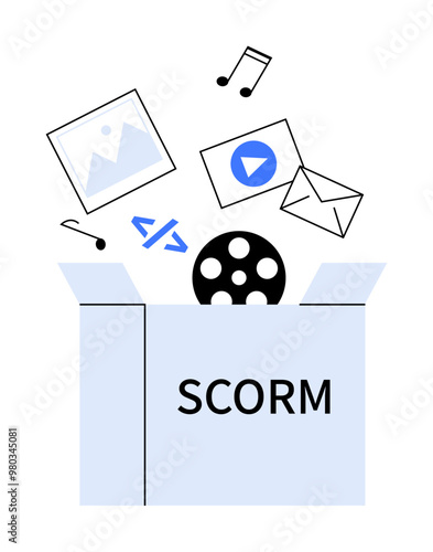 Box with SCORM labeled and various multimedia icons such as an image, video, email, music note, and code above it. Ideal for e-learning, multimedia content, digital education, SCORM packages, online