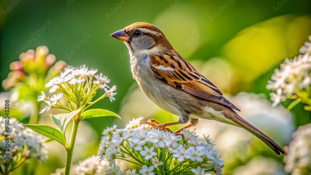 A small, brown female house sparrow perches on a delicate white flower, its bright black eyes shining amidst a backdrop of lush green foliage outdoors. A small, brown female house sparrow perches on a delicate white flower, its bright black eyes shining amidst a backdrop of lush green foliage outdoors.