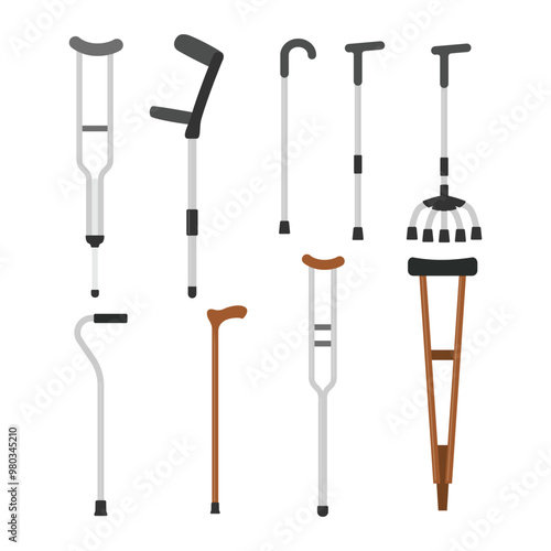 Set of crutches collection, elbow crutches walking stick vector illustration, pair of aluminum crutches walking aid, medical tool for disability or disabled people, Physiotherapy treatment.