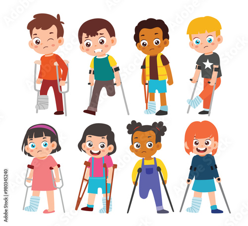 Set of Cute Little Boy and girl kid injured with broken leg in gypsum Kid Children with little children standing on crutches, cartoon teen disabled character broken leg in plaster, accident concept.