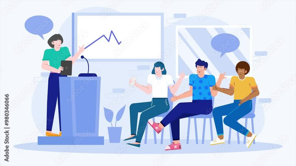 Young professional presenting business growth to diverse team at informal meeting in modern office setting illustration business animated video Young professional presenting business growth to diverse team at informal meeting in modern office setting illustration business animated video