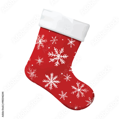 Simple vector clipart of a red Christmas stocking with white snowflakes