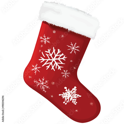 Simple vector clipart of a red Christmas stocking with white snowflakes