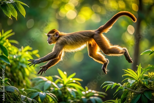 Agile monkey leaps with effortless grace, its brown fur blending with lush green foliage as it bounds from branch to branch in a sun-dappled forest.