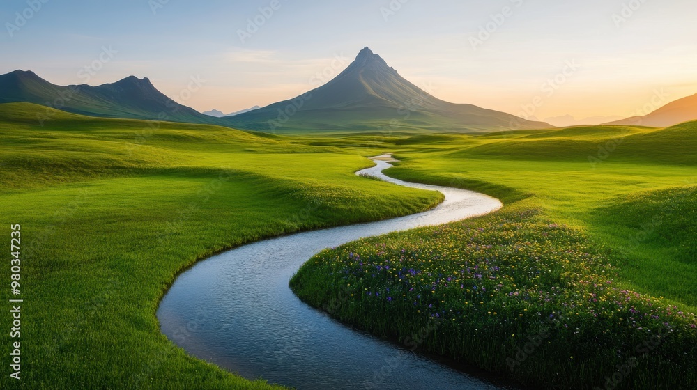 Fototapeta premium A serene river winding through a valley with vibrant wildflowers lining its banks and a towering mountain in the distance.