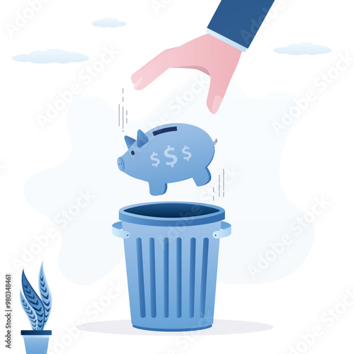 Hand throw piggy bank in trash can, poverty and bad investment concept. businessman throws piggy bank into the garbage. Concept of inflation, devaluation of money, loss of savings.